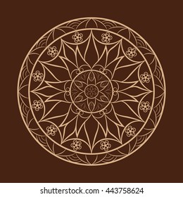 Vector coffee color flower mandala over dark brown. Invitation element. Tattoo, astrology, alchemy, boho and magic symbol for your projects