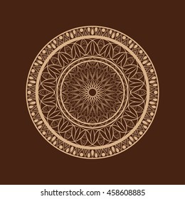 Vector coffee color flower mandala over dark brown. Invitation element. Tattoo, astrology, alchemy, boho and magic symbol for your projects