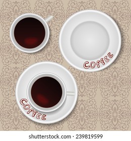 Vector coffee concept. Black coffee cup and hand drawn ornament on beige brown background, movable isolated elements for you design, doodle illustration