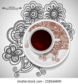 Vector coffee concept - a cup of coffee and hand drawn floral ornament on a saucer and background, movable isolated elements for you design, doodle illustration