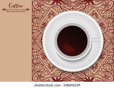 Vector coffee concept - a cup of coffee on the lace doily with place for your text, movable isolated design elements