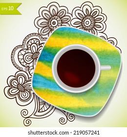 Vector coffee concept - a cup of coffee and watercolor painting on a saucer, hand drawn floral ornament background, movable isolated elements for you design, doodle illustration