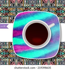 Vector coffee concept - a cup of coffee and watercolor painting on a saucer, hand drawn ornamental background, movable isolated elements for you design