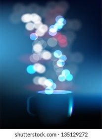 Vector coffee cup against blue blurred background.
