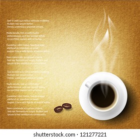 Vector coffee cup against fabric  background.