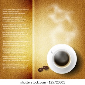 Vector coffee cup against fabric background.