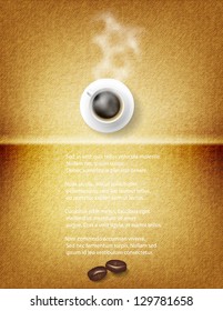 Vector coffee cup against fabric background.