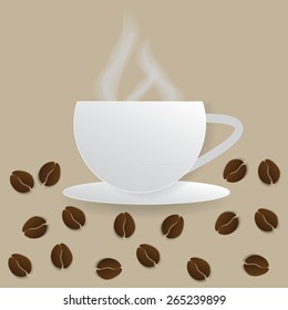 Vector coffee cup against fabric background.