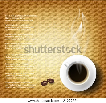 Vector coffee cup against fabric  background.
