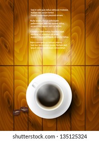 Vector coffee cup against wooden background.