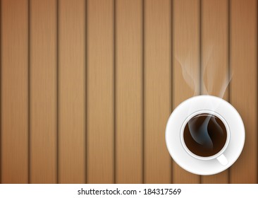 Vector coffee cup against wooden background.