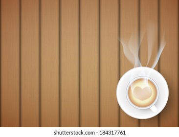 Vector coffee cup against wooden background.