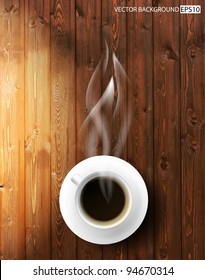 Vector coffee cup against wooden background.