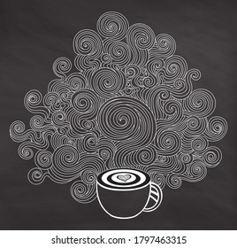 Vector coffee cup with coffee art and curling lines pattern. Food and drink hand drawn background