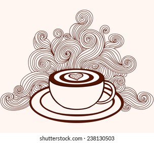 Vector coffee cup with coffee art and with curling lines pattern