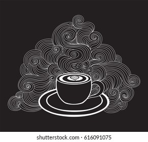 Vector coffee cup with coffee art and curling lines pattern. Food and drink background