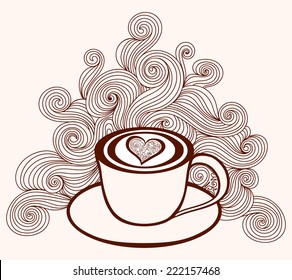 Vector coffee cup with coffee art and with lines pattern