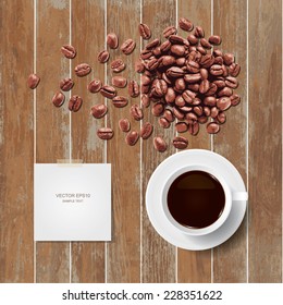 Vector coffee cup and coffee beans with paper stick on wooden texture background.