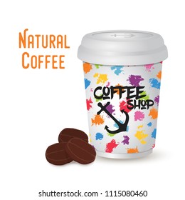 Vector coffee cup with beans, roasted seeds of hot drink - arabica, latte or cappuccino. Tasty beverage - americano with organic plant - robusta. Made in cartoon flat style