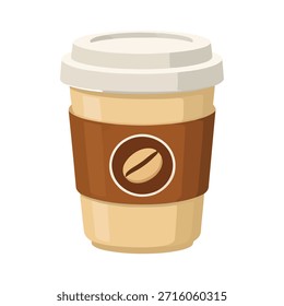 Vector de una taza de café con manga marrón con logo de grano de café, tapa blanca y cuerpo beige.