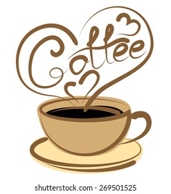 vector coffee cup with calligraphic inscription and aroma in the shape of heart