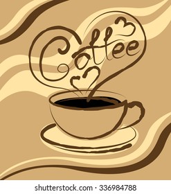 vector coffee cup with calligraphic inscription and aroma in the shape of heart