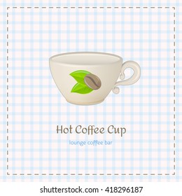 Vector coffee cup for cappuccino close up with logo consisting of coffee beans and leaves on checkered background. File with transparent objects.