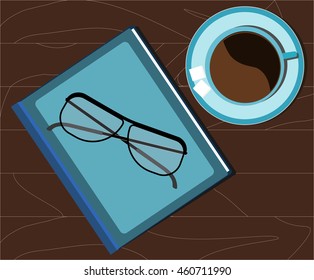 Vector coffee cup, glasses  and notepad on wood desk.