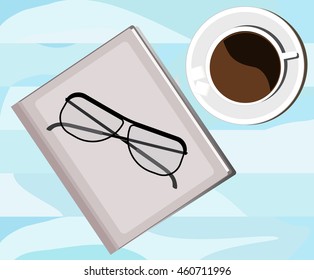 Vector coffee cup, glasses  and notepad on wood desk.