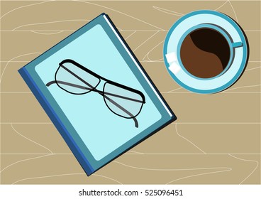 Vector coffee cup, glasses  and notepad on wood desk.