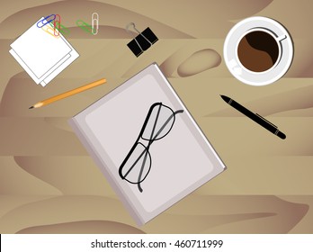 Vector coffee cup, glasses, pencil and notepad on wood desk.