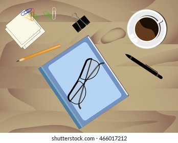 Vector coffee cup, glasses, pencil and notepad on wood desk.