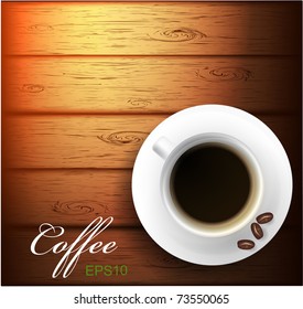 Vector coffee cup and grain against wooden background.