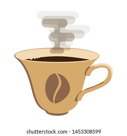 Vector coffee cup with handle with shadows on white backdrop. Cafe logo, mug icon. Closeup espresso in a earth yellow cup decorated with a coffee bean. 
