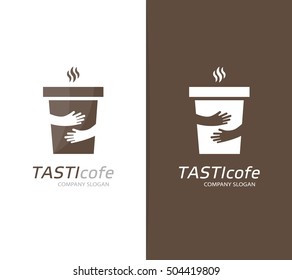 Vector coffee cup and hands logo combination. Cafe and embrace symbol or icon. Unique restaurant and coffeehouse logotype design template.