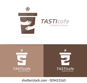 Vector coffee cup and hands logo combination. Cafe and embrace symbol or icon. Unique restaurant and coffeehouse logotype design template.