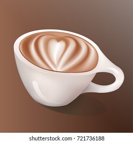 Vector coffee cup icon. Latte art with heart on a brown background.