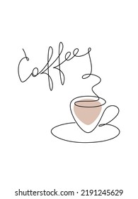 Vector coffee cup icon with one line continuous text. Handwritten calligraphic text. Design element for print, banner, card, wall art, logo, brochure, poster.