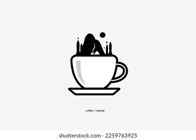 vector coffee cup illustration logo with nature, landscape and outdoor icons, suitable for your promotional logo design