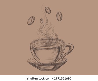 Vector coffee cup illustration with steam and coffee beans Hand drawn illustration suitable for cafes drink bars coffee shops or restaurants Also for interior decorations logo menu commercial designs 
