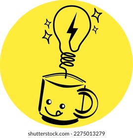 Vector Coffee Cup and Lamp Idea Vector with Lightning Inside. Wallpaper. Background.