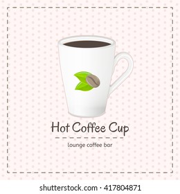 Vector coffee cup for latte close up with logo consisting of coffee beans and leaves on checkered background. File with transparent objects.