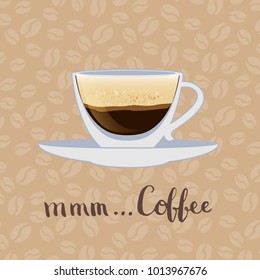 Vector coffee cup with lettering on coffee beans background illustration