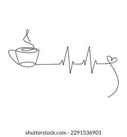 Vector coffee cup line continuous drawing. Cardiogram sign, heartbeat symbol. Hand drawn linear silhouette icon. Minimal outline design element for print, banner, card, brochure, product logo, menu.
