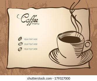 Vector coffee cup on background. Menu for restaurant, cafe, bar, coffeehouse