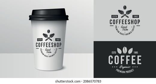 Vector coffee cup on white background. Vintage trendy logo, sticker template. Coffee paper cup design. Coffee cup mockup template for logo, brand, sticker, label design. Vector illustration