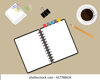 Vector coffee cup, pencil and notepad on wood desk.
