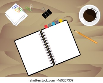 Vector coffee cup, pencil and notepad on wood desk.