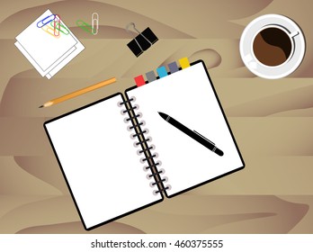 Vector coffee cup, pencil and notepad on wood desk.