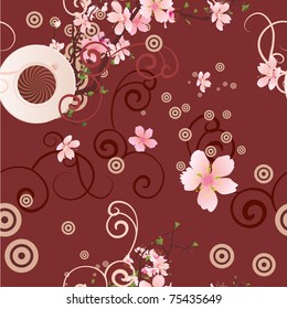 vector coffee cup and pink flowers seamless brown background